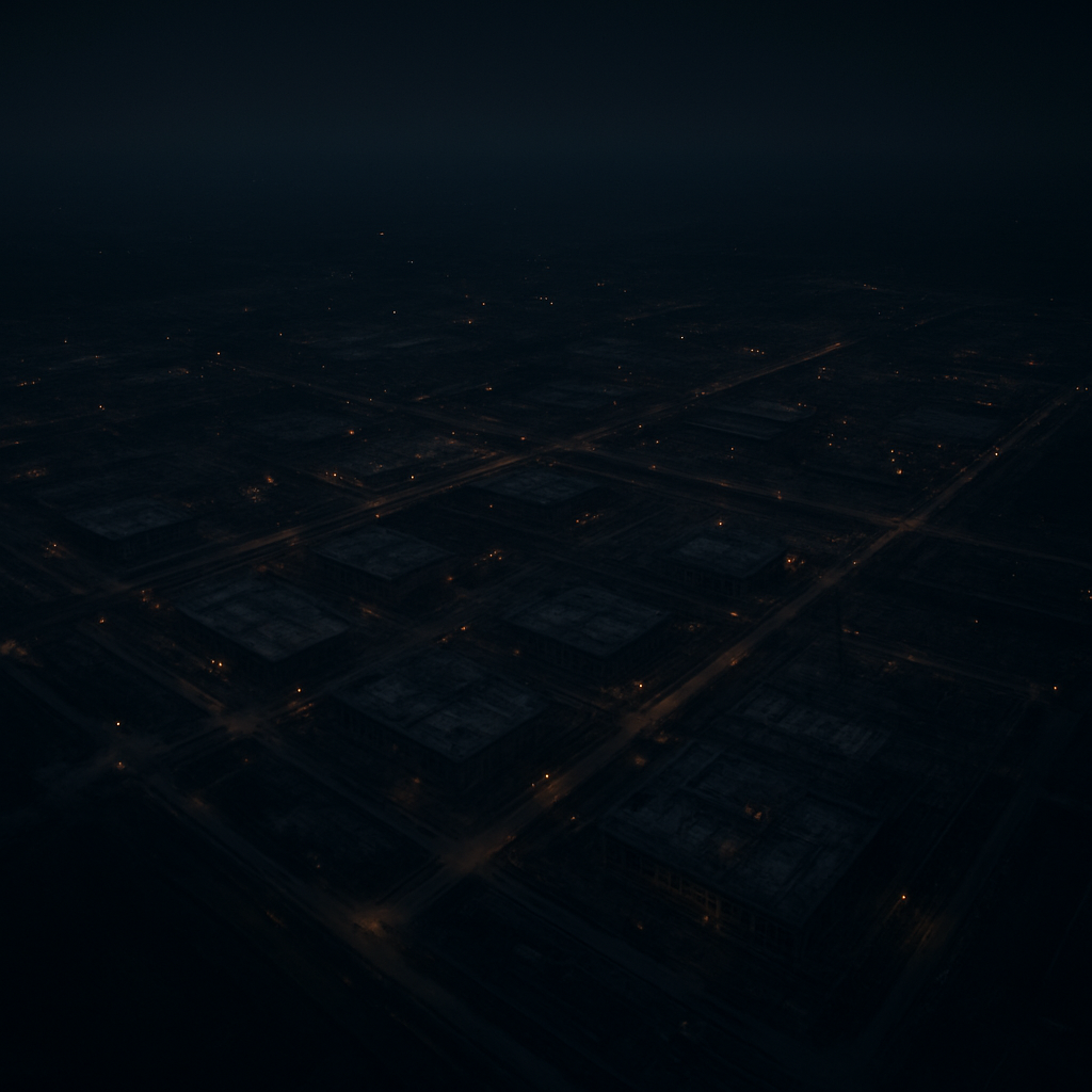 High-altitude aerial view of a commercial construction megaproject at dusk